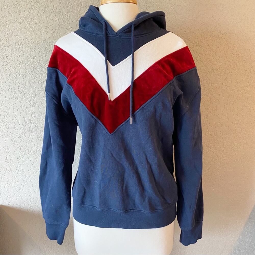 Sandro Paris Hooded Sweatshirt With Velvet Insert In Blue Size Small - Picture 3 of 10